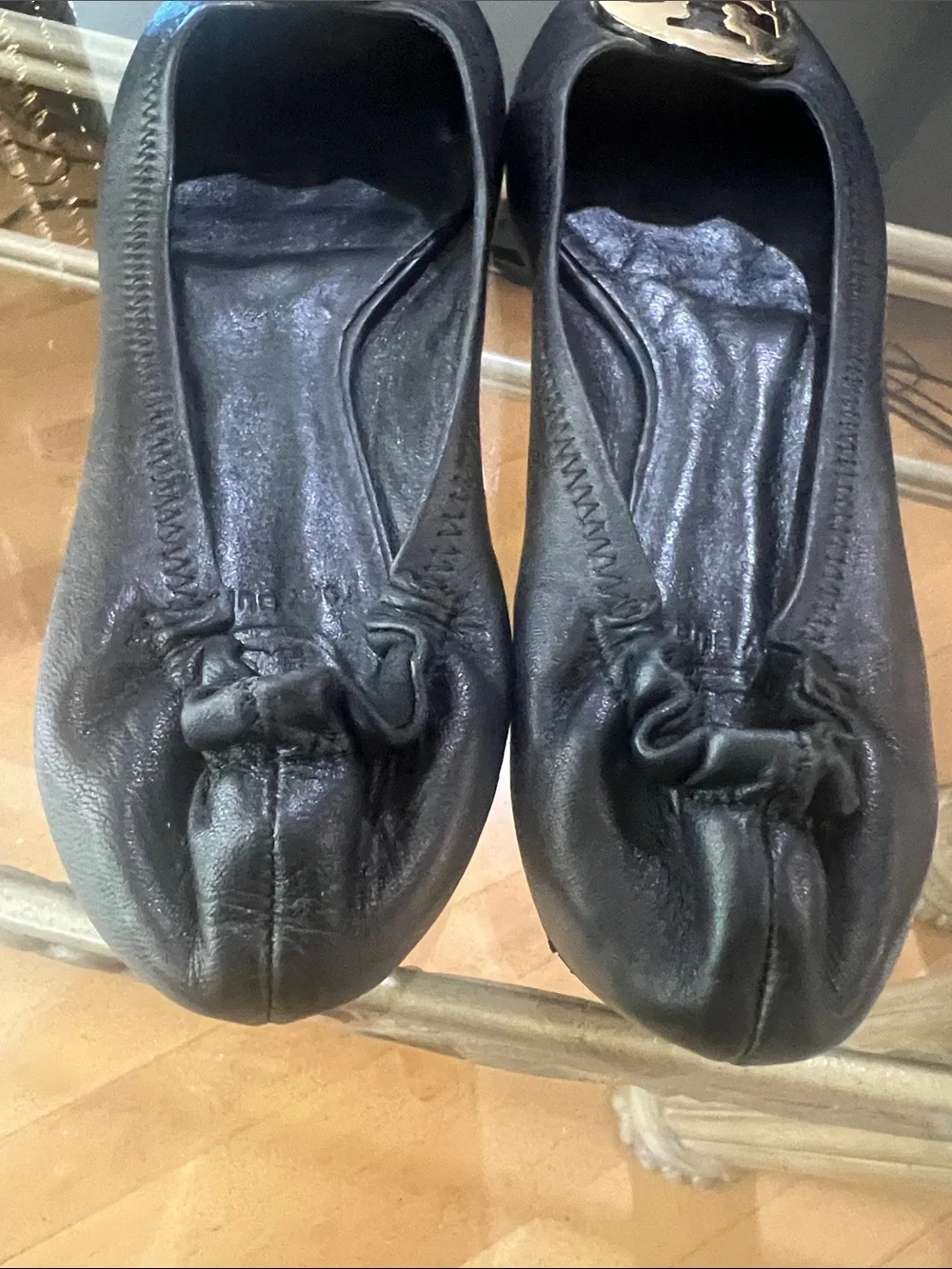 Tory Burch Black Leather Logo Ballet Flats with Gold Emblem